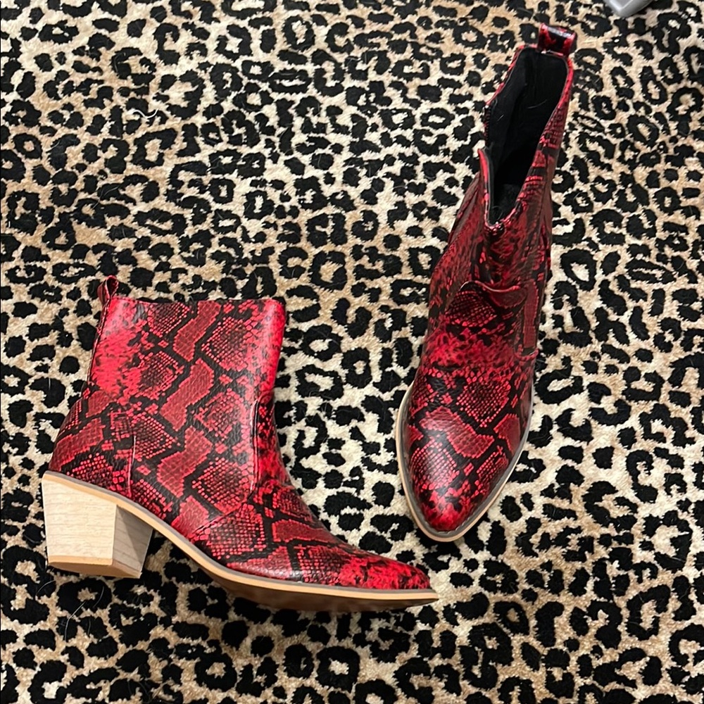 Red Snake Print Ankle Boots